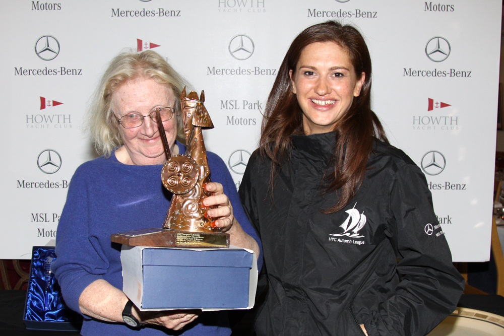 Joanne Kavanagh presents the Puppeteer handicap 'Snowgoose Trophy' to Jacqueline Feeley (Cloud 9)