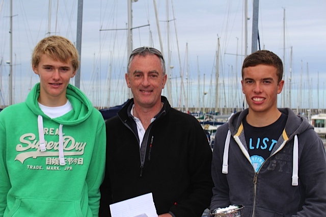 420 winners Robert Dickson and Sean Waddilove are presented their trophy by Rear Commodore Richard Kissane